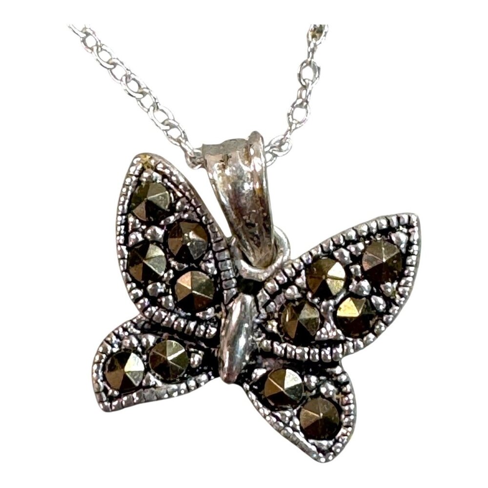 Sterling Silver Butterfly Pendant Necklace Marcasite SU Italy Chain Marked 925